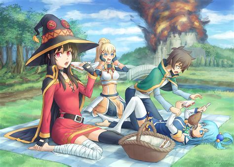 simon404 konosuba|Aqua at a picnic with Kazuma .